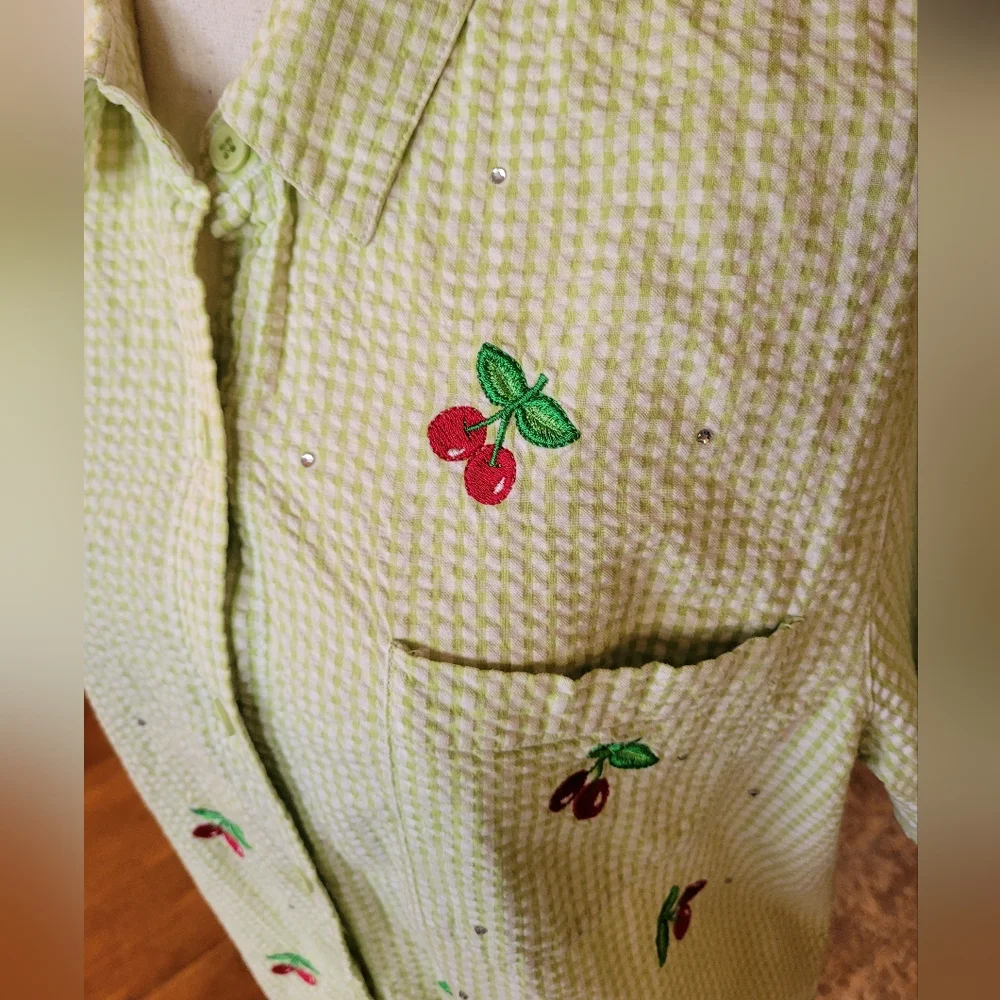 Quacker Factory Green Checkered Shirt with Cherry Embroidery